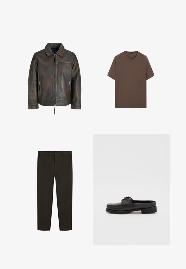 Hnědá kožená bunda se zipem vpředu, plochým límcem a dvěma kapsami na zip. Disponuje mírně opotřebovanou texturou a upraveným střihem.; Hnědé bavlněné tričko s kulatým výstřihem a krátkým rukávem. Jednoduchý design s rovnoměrnou strukturou a uvolněným střihem. Bez vzorů nebo akcentů.; Tmavě hnědé kalhoty z tkané látky s rovnými nohavicemi, předními kapsami a knoflíkovým zapínáním v pase. Hladká textura.; Černá kožená obuv na klínku s detaily šněrování, zaoblenou špičkou a texturovanou podrážkou. Disponuje mírně zvýšeným podpatkem a hladkým povrchem.