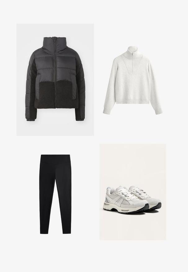 Schwarze Steppjacke mit hohem Kragen, ausgestattet mit einem kontrastierenden schwarzen Fleece-Einsatz auf der Vorder- und den Seiten sowie einem Reißverschluss.; Hellgrauer Pullover mit hohem Kragen, ausgestattet mit einem Halb-Reißverschluss und geripptem Material. Boxy-Schnitt mit überschnittenen Schultern und strukturiertem Design.; Schwarze Leggings aus glattem, dehnbarem Stoff. Mit einem breiten Bund und tailliertem Bein Design, geeignet für aktive oder lässige Kleidung.; Leichte Laufschuhe in Weiß und Grau, mit Mesh- und Wildledermaterialien, Schnürverschluss, gepolsterten Sohlen und einer strukturierten schwarzen Außensohle.