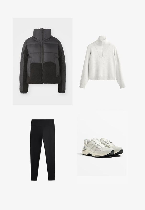 Zwarte pufferjack met hoge kraag, voorzien van een contrasterend zwart fleece paneel aan de voorkant en zijkanten, en een ritssluiting.; Lichtgrijze sweatshirts met een hoge kraag, voorzien van een halve rits en ribbeltextuur. Vierkante snit met doorlopende schouders en een gestructureerd ontwerp.; Zwarte leggings van gladde, rekbare stof. Voorzien van een brede tailleband en een taps toelopend pootdesign, geschikt voor actieve of casual kleding.; Lichte hardloopschoenen in beige en grijs. Bovenwerk van mesh, rubberen zool, veters met versterkte ogen en een getextureerde hakaccent.