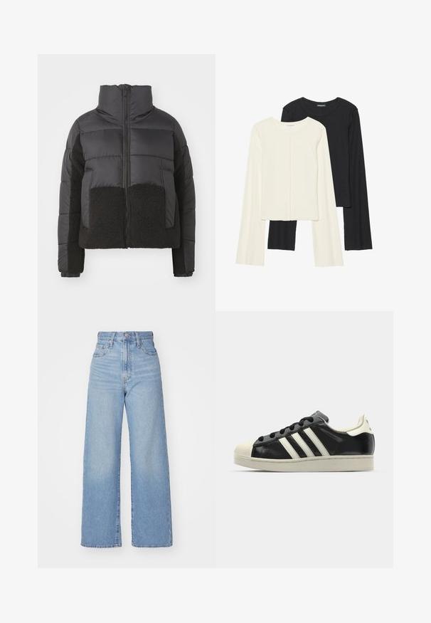 Black puffer jacket with a high collar, featuring a contrasting black fleece panel on the front and sides, and a zip closure.; Set of two long-sleeve tops in white and black. Ribbed texture, round neck, fitted design with slightly flared sleeves.; Light blue high-waist wide-leg jeans with front button and zip closure, front and back pockets, on a white background.; Black leather sneaker with white stripes, rubber toe cap, black laces, and a cream-colored outsole. Smooth texture with shiny finish.