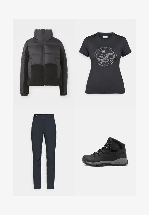 Jachetă puf închisă la culoare, cu guler înalt, având un panou din fleece negru contrastant pe față și pe laterale, și închidere cu fermoar.; Tricou negru Columbia cu artă liniară albă circulară reprezentând munți și un râu, împreună cu textul "Columbia Sportswear Company Afară din 1938."; Pantaloni de exterior pentru bărbați, gri închis, fabricați dintr-un material flexibil, cu un brâu, buzunare cu fermoar și cusături consolidate.; Botă de drumeție neagră cu un design mediu, având un material texturat, accente gri și o talpă din cauciuc durabilă cu crampoane pentru aderență.