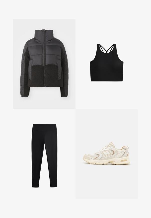 Jachetă puf închisă la culoare, cu guler înalt, având un panou din fleece negru contrastant pe față și pe laterale, și închidere cu fermoar.; Top sportiv negru scurt cu o textură netedă, având un decolteu înalt și două bretele crisscross la spate. Design simplu și funcțional.; Colanți negri realizați dintr-un material neted și elastic. Prezintă o talie lată și un design cu picioare conice, potriviți pentru activități sportive sau purtat casual.; Încălțăminte sport bej cu plasă și suprapuneri sintetice, având o suprafață texturată, guler umplut și amortizare „ABZORB” la călcâi.