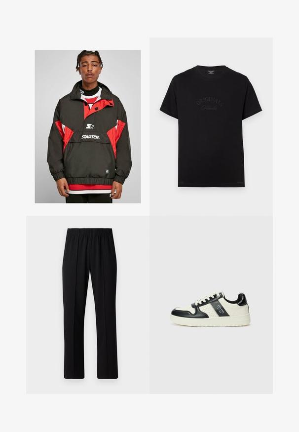 Juodas ir raudonas vėjas kepurė su užtrauktuku, elastingais rankogaliais ir "STARTER" logotipu. Tekstūruota medžiaga su spalvų blokų dizainu.; Juodas medvilninis marškinėliai su trumpomis rankovėmis ir apvaliu iškirpimu. Priekyje turi įspaustą tekstą "ORIGINALS Studio" toninėmis raidelėmis.; Juodos, elastingos juosmens kelnės su tiesiomis kojomis, turinčios lygų paviršių ir be matomų raštų ar detalių.; Odiniai sportbačiai juodos ir kreminės spalvų schemoje, su perforuotais akcentais, paminkštinta apykakle ir tekstūruotu padu.