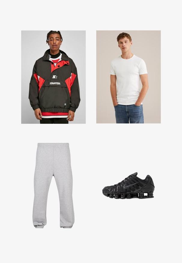 Mustmust ja punane tuulekindel jakk, millel on lukuga kaelus, elastsed mansetid ja "STARTER" logo. Tekstureeritud kangas värvilise plokkeeringuga disainiga.; Noor mees lühikeste lokkis juustega, seljas lihtne valge lühikeste varrukatega t-särk ja sinised teksad, seisab käed taskutes.; Hallide hallid puuvillasegusest kangast dressipüksid, millel on elastne vöökoht, kitsenevad jalad ja mansetid. Lihtne disain, ilma mustriteta.; Mustad võrgu- ja sünteetilisest materjalist sportlikud jalanõud, millel on eriline laineline disain, must kummist talla ja peegeldavad lisandid.