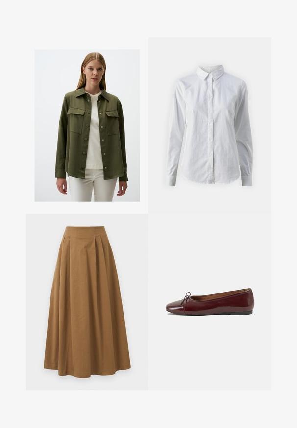 Olief groenen, langhandige shirt met knoopsluiting, twee borstzakken en een kraag. De stof lijkt glad met een matte afwerking.; Witte overhemd met knopen van glad katoen, met een klassieke kraag, lange mouwen en een afgeronde zoom. De knopen zijn klein en wit.; Bruine katoen A-lijn rok met een hoge taille, voorzien van plooien aan de voorkant en een gladde textuur. De zoomafwerking is schoon en eenvoudig.; Bordeaux gepatenteerd lederen ballerina met een ronde neus, een klein strikaccent aan de voorkant en een lage, zwarte rubberen zool. Glad textuur.