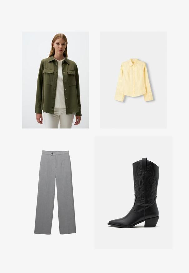Olief groenen, langhandige shirt met knoopsluiting, twee borstzakken en een kraag. De stof lijkt glad met een matte afwerking.; Geel gestreept overhemd met lange mouwen, puntige kraag en knoopsluiting aan de voorkant. Beschikt over verticale blauwe strepen en een getailleerde pasvorm.; Grijze op maat gemaakte broek met een brede pijp, platte voorkant en subtiele textuur. Bevat een enkele knoopsluiting en strakke lijnen.; Zwarte leren cowboylaars met een spitse neus, gegraveerde draaiende patronen en een halfhoge hak. Voorzien van een trekhaak voor gemakkelijk aan- en uittrekken.