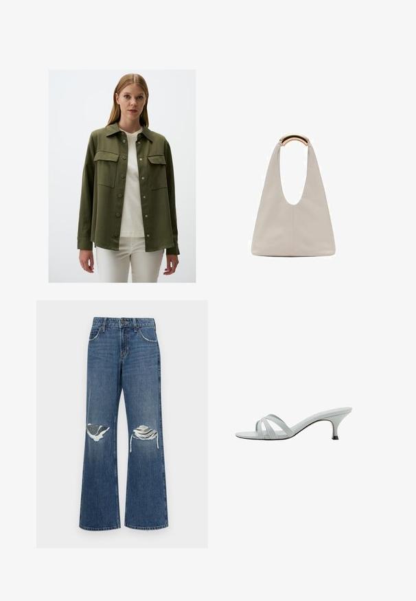 Olief groenen, langhandige shirt met knoopsluiting, twee borstzakken en een kraag. De stof lijkt glad met een matte afwerking.; Witte T-shirt van zacht, lichtgewicht stof. Heeft een ronde halslijn en korte, brede mouwen met een ontspannen pasvorm. Geen zichtbare patronen.; Denim wijde pijpen jeans in medium blauw, met gescheurde knieën, ruwe zoomranden en een klassieke vijf-pocketontwerp met metalen knoopsluiting.; Lichtgrijze hakken met drie kruislings geplaatste banden, een slank profiel en een taps toelopende hak. Gladde textuur met een lichtglanzende afwerking.; Lichtgrijze leren tas met een U-vormig ontwerp en een gebogen metalen handvat. Glad oppervlak met minimale stiksels en geen zichtbare patronen.