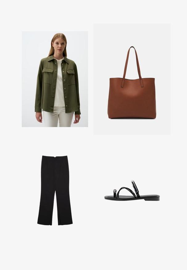 Olief groenen, langhandige shirt met knoopsluiting, twee borstzakken en een kraag. De stof lijkt glad met een matte afwerking.; Zwarte korte mouwen t-shirt gemaakt van zachte stof, met een ronde halslijn en een ontspannen pasvorm, met een gladde textuur en zonder patronen.; Zwarte broek met een rechte pasvorm, voorzien van zijzakken en plooien aan de onderzijde. Gemaakt van zachte, gladde stof. Geschikt voor verschillende gelegenheden.; Zwarte platte sandalen met een glanzende afwerking, drie dunne banden en een ronde hardware detail bij de teen. Slank ontwerp met een minimalistische hak.; Bruine leren tote bag met een gladde textuur, een ontwerp met een open bovenkant en twee schouderbanden. Kenmerkt zich door minimale stiksels en geen zichtbare hardware.