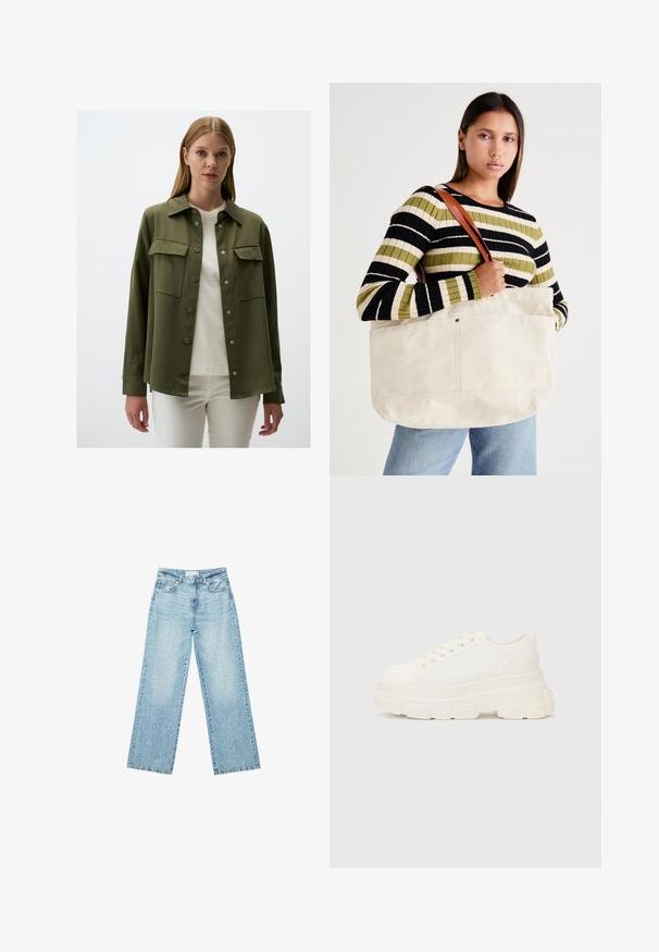 Olive green, long-sleeve shirt with button closure, two chest pockets, and a collar. The fabric appears smooth with a matte finish.; Black tank top made of cotton, featuring a round neckline and wide armholes. Smooth texture with stitched hems. Classic, minimalist design.; Light blue denim wide-leg jeans with a high waist, featuring a faded wash and small, scattered distressed details throughout.; White canvas sneaker with a chunky sole, rounded toe, and five eyelets for laces. Back tab for easy wear. Smooth texture, minimalist design.; Large beige canvas tote bag with brown leather straps, featuring a minimal design and visible stitching accents.