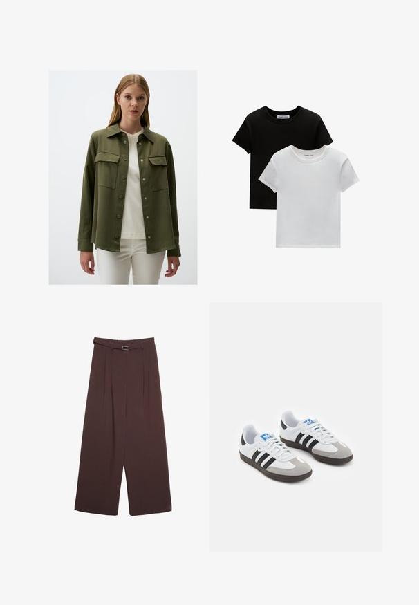 Chemise olive foncé à manches longues avec fermeture à boutons, deux poches poitrine et un col. Le tissu semble lisse avec une finition mate.; Deux t-shirts à col rond en noir et blanc, fabriqués en coton. Ils ont des manches courtes et un design uni sans motifs ni accents.; Stradivarius WIDE-LEG WITH BUCKLE DETAIL  - Pantalon classique - dark brown; Baskets avec une tige en cuir blanc, un bout en daim gris et trois bandes noires. Présente un logo bleu sur la languette et une semelle en caoutchouc texturée.