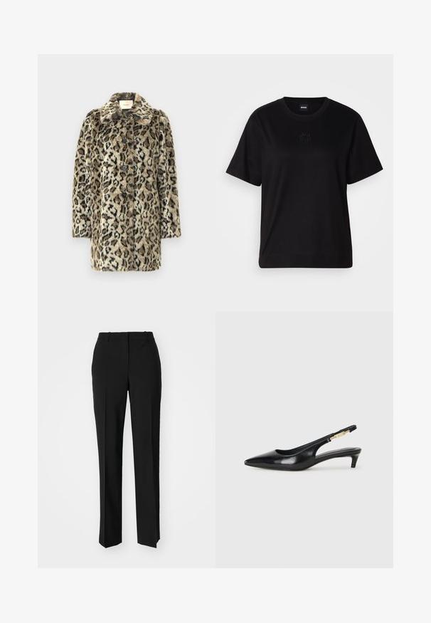 Płaszcz z imitacji futra w cętki lamparta, z kołnierzem z wycięciem na prostą i zapinany na siedem guzików, z rękawami o długości do łokci, w odcieniach brązu i czerni.; Czarny bawełniany t-shirt z okrągłym dekoltem, krótkimi rękawami i haftowanym logo na piersi. Prosty, luźny krój bez wzorów.; Czarne spodnie o dopasowanym kroju z prostymi nogawkami, o gładkiej fakturze i wyraźnych zagięciach z przodu. Bez widocznych elementów metalowych.; Czarne skórzane szpilki typu slingback z ostrym noskiem, posiadające smukły obcas i złoty akcent na regulowanym pasku. Gładka tekstura.