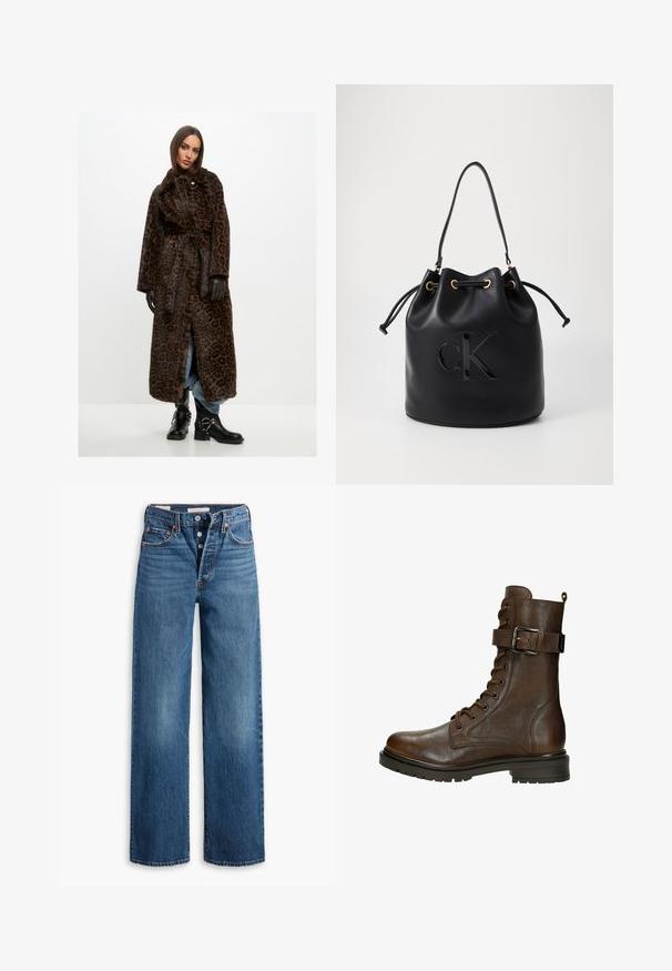 Płaszcz w panterkę, długi, z miękkiego, brązowego futra, z paskiem w talii, szerokimi rękawami i wysokim kołnierzem. Zestawiony z czarnymi botkami za kostkę i niebieskimi dżinsami.; Brązowy prążkowany sweter z długim rękawem i okrągłym dekoltem, prezentujący teksturowany materiał, który podkreśla pionowe linie. Prosty i dopasowany fason.; Niebieskie dżinsy o szerokim kroju, pięć kieszeni, zapięcie na guzik oraz kontrastowe przeszycia. Teksturowany materiał o wyblakłym wykończeniu.; Brązowy skórzany botek za kostkę na sznurowanie z boczną klamrą, okrągłym noskiem, ruggedową podeszwą i detalami szycia, które dodają tekstury.; Czarna skórzana torba typu bucket z zaciąganym zamknięciem, z błyszczącym logo "CK" z przodu i złotymi akcentami.