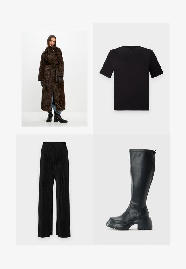 Leopardenmuster langer Mantel aus weichem, braunem Fell mit tailliertem Gürtel, weiten Ärmeln und hohem Kragen. Kombiniert mit schwarzen Stiefeletten und blauen Jeans.; Schwarzes T-Shirt mit kurzen Ärmeln und Rundhalsausschnitt, aus weichem Baumwollmaterial gefertigt. Schlichtes Design, keine sichtbaren Logos oder Muster.; Schwarze plissierte Hose mit elastischem Bund. Verfügt über weite Hosenbeine und einen glatten, strukturierten Stoff mit vertikalen Streifen.; Hoher schwarzer Lederstiefel mit einer robusten Plateausohle und Blockabsatz, der über eine Zuglasche und ein strukturiertes Profil an der Außensohle verfügt.