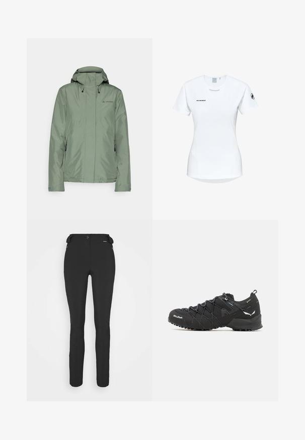 Giacca impermeabile verde chiaro con cappuccio, tasche con cerniera e cordini regolabili; realizzata in materiale sintetico liscio.; Maglietta atletica bianca a maniche corte con colletto rotondo, dotata di un logo sul petto e una texture di tessuto liscia e leggera.; Pantaloni neri aderenti realizzati in materiale flessibile. Presentano una tasca laterale con zip, ginocchia articolate e una texture liscia.; Scarpe da trekking nere con tomaia in tessuto testurizzato, sistema di allacciatura e suola in gomma robusta. Accentuate da dettagli riflettenti e loghi.