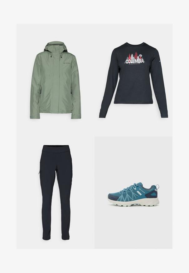 Lys grønn vanntett jakke med hette, glidelåslommer og justerbare snorer; laget av glatt, syntetisk materiale.; Langermet mørkegrå skjorte med grafikk av røde trær og fjell; "COLUMBIA" logo i fet hvit tekst. Mykt stoff, standard rund hals.; Svarte joggebukser med slim fit, elastisk midjebånd og en sidelomme med glidelås. Glatt, elastisk stoff med minimalt med sømmer.; Columbia PEAKFREAK™ II OUTDRY™ - Fjellsko - blue heron/skylight