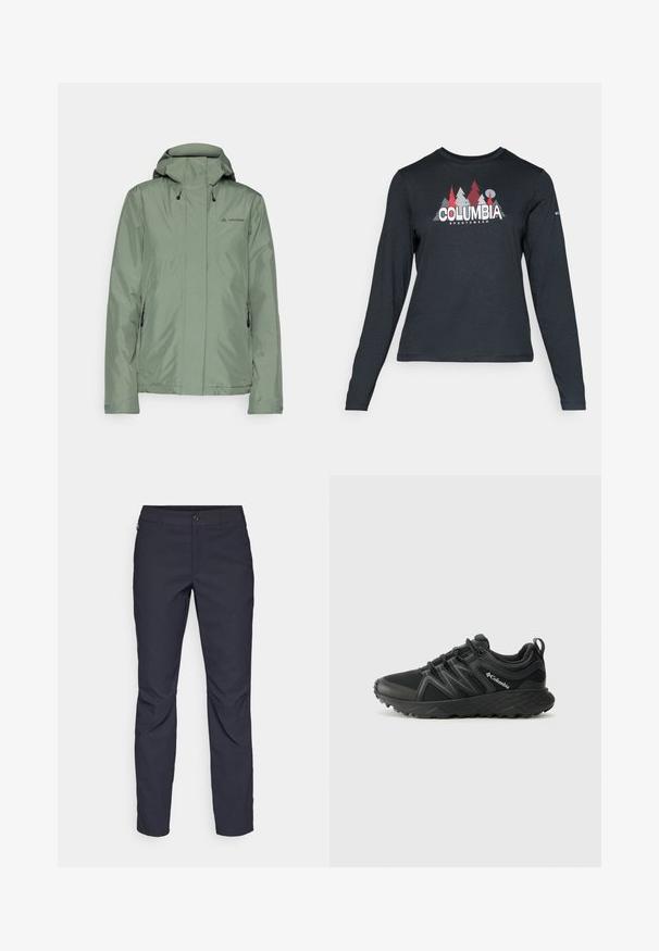 Jachetă impermeabilă de culoare verde deschis, cu glugă, buzunare cu fermoar și șnururi ajustabile; fabricată dintr-un material sintetic neted.; Cămașă cu mâneci lungi de culoare gri închis, cu un grafic de copaci roșii și munți; logo-ul "COLUMBIA" în text alb îngroșat. Material moale, guler standard de tip crew.; Pantaloni bleumarin dintr-un material neted, cu închidere frontală cu buton, croială slim-fit și detalii pliate la genunchi.; Columbia PEAKFREAK - Pantofi drumeție - black