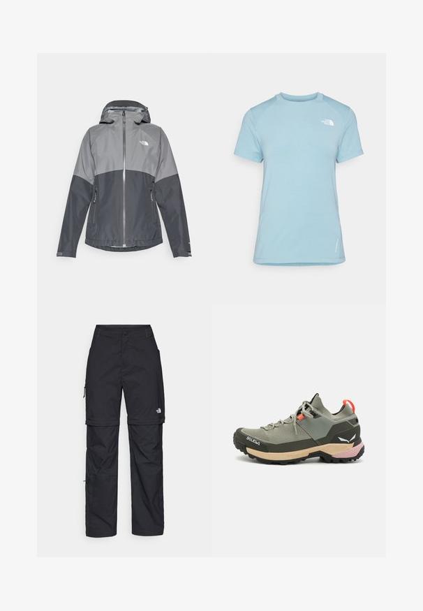 Pilkas vandeniui atsparus paltas su gobtuvu, turi dviejų tonų dizainą, užtrauktuko priekinę dalį ir dvi šonines kišenes, pagamintas iš lygaus, lengvo medžiagos.; Šviesiai mėlyna trumpomis rankovėmis marškinėlė su apvalia kaklo iškirpte. Pagaminta iš minkštos medžiagos, su raglano rankovėmis ir balta logotipu virš kairiojo krūtinės kampo.; Juodos nailoninės krovinių kelnės su reguliuojamais rankovėmis, daugybe kišenių ir logo ant dešinės kojos. Lygi, lengva tekstūra.; Lengvas žalias žygio batelis, pagamintas iš tinklinės ir gumos medžiagų, su juodu sukibimo padu, rožinėmis ir oranžinėmis akcentais bei sustiprintu bato galiuku.