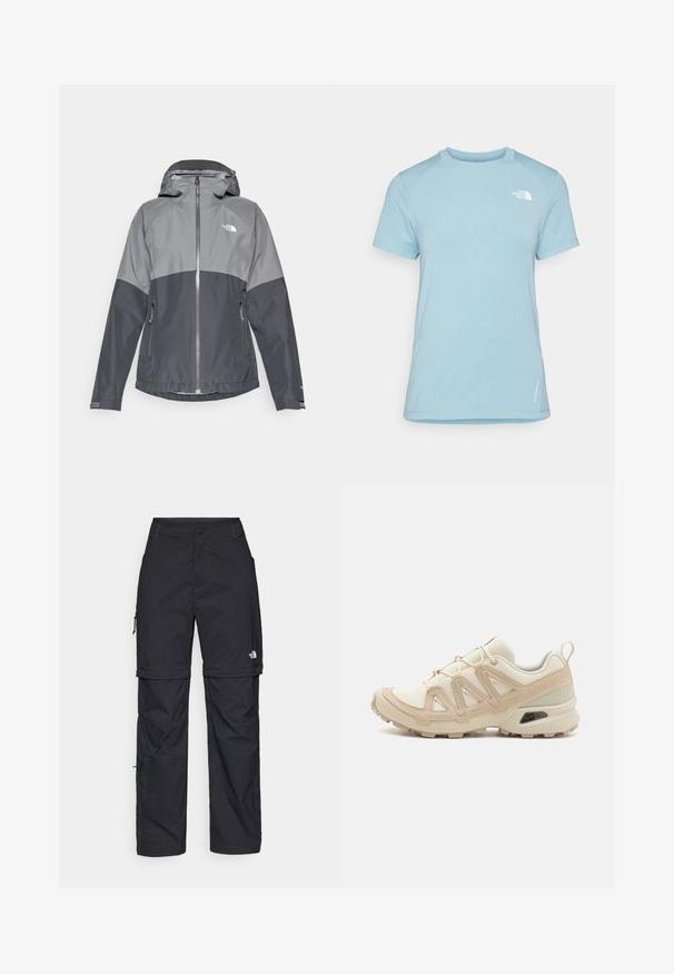 Grå vanntett jakke med hette, har et to-farget design, glidelås foran, og to sidelommer, laget av glatt, lett materiale.; Lys blå kortermet t-skjorte med rund hals. Har myk stoff, raglanermer og en hvit logo på øvre venstre bryst.; Svarte nylon cargo-bukser med glidelås og justerbare mansjetter, flere lommer og en logo på høyre bein. Glatt, lett tekstur.; Beige og krem joggesko med teksturert mesh-overdel, støttende overlegg og gummisåle med et mønster for godt grep.
