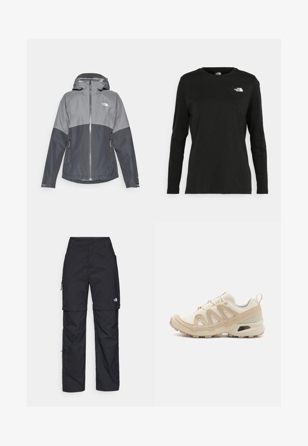 Pilkas vandeniui atsparus paltas su gobtuvu, turi dviejų tonų dizainą, užtrauktuko priekinę dalį ir dvi šonines kišenes, pagamintas iš lygaus, lengvo medžiagos.; Juodas ilgomis rankovėmis medvilninis marškinėliai su apvali apykakle. Savybė - mažas baltas logotipas kairėje krūtinės pusėje. Paprastas dizainas ir pritaikymas.; Juodos nailoninės krovinių kelnės su reguliuojamais rankovėmis, daugybe kišenių ir logo ant dešinės kojos. Lygi, lengva tekstūra.; Bežinės ir kreminės spalvos sportinės bateliai su tekstūruoto tinklelio viršutine dalimi, palaikančiomis detalėmis ir guminiais padais, turinčiais raštą, užtikrinantį sukibimą.