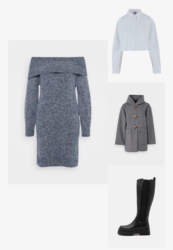 Sivý vlnený kabát s kapucňou, vybavený prepínacími uzávermi, dvoma prednými vreckami a rovnom strihom. Hladká textúra a minimalistický dizajn.; Pletené šaty v tmavosivej farbe s off-the-shoulder výstrihom, dlhými rukávmi a textúrovaným vzorom po celom obvode.; Strihnutá biela košeľa s golierom v tvare špičky, dlhými rukávmi a hladkou textúrou. Obsahuje predný plis s zhodnými gombíkmi.; Čierne vysoké čižmy po kolená vyrobené z hladkej kože s elastickými bočnými panelmi, masívnou platformou a zebrovanou textúrou na spodnej strane.