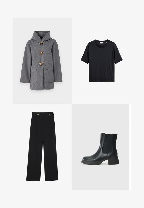 Grau wollener Mantel mit Kapuze, ausgestattet mit Toggle-Verschlüssen, zwei vorderen Taschen und geradem Schnitt. Glatte Textur und minimalistisches Design.; Schwarzes Baumwoll-T-Shirt mit Rundhalsausschnitt, kurzen Ärmeln und lockerer Passform. Der Stoff wirkt glatt und hat einen subtilen Glanz.; Schwarze weite Hosen mit hoher Taille, Knopfdetails am Bund und vorderen Falten.; Schwarze Leder-Stiefelette mit elastischen seitlichen Einsätzen, runder Zehenpartie und niedrigem Blockabsatz. Die Oberfläche hat eine glatte Textur und minimalistische Details.