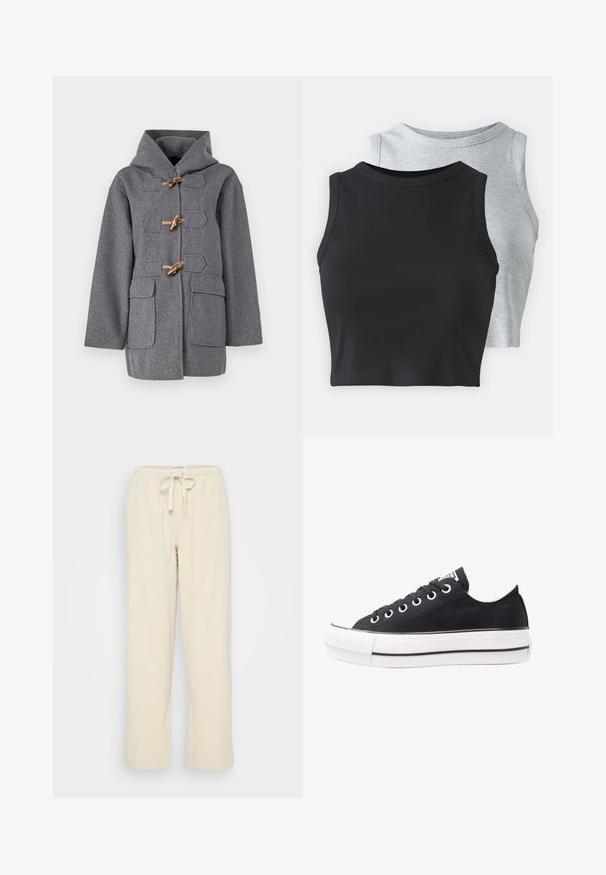 Hall hõbedane villane jakk kapuutsiga, millel on toggli kinnitused, kaks esist taskut ning sirge lõige. Sile tekstuur ja minimaalne disain.; Even&Odd Petite 2 PACK - Topp - light grey/black; Even&Odd Petite Püksid - beige; Mustkunst sünnil varrega mustad keedekad, valge kummine tald, ümmargune ninaosa, madal disain, metallist silmadega ja tekstureeritud ninaosa. Peen must riba taldadel.