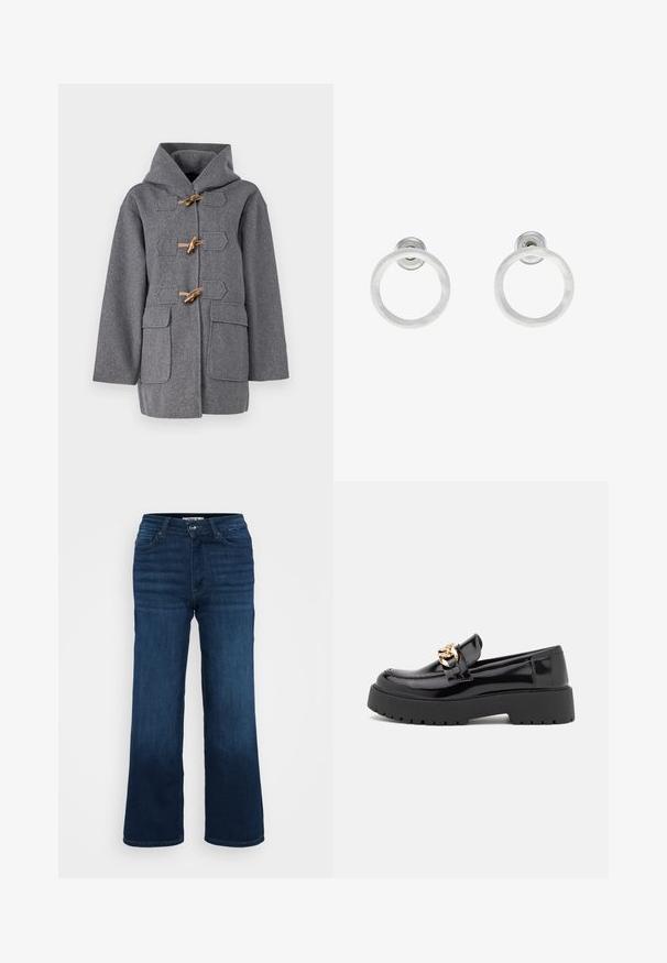 Grijze wollen jas met een capuchon, voorzien van togglesluiting, twee voorzakken en een rechte snit. Gladde textuur en minimalistisch ontwerp.; Even&Odd Petite 2 PACK - Top - light grey/black; ONLY Petite ONLMADISON BLUSH WIDE - Wide leg - dark blue denim; Zwarte patenten leren loafers met een chunky zwarte zool en gouden hardware details. Gladde textuur en afgeronde tekening.; Zilveren metalen ringoorbellen met een geborstelde textuur, met een ronde vorm en een transparante bevestiging voor een veilige draagwijze.