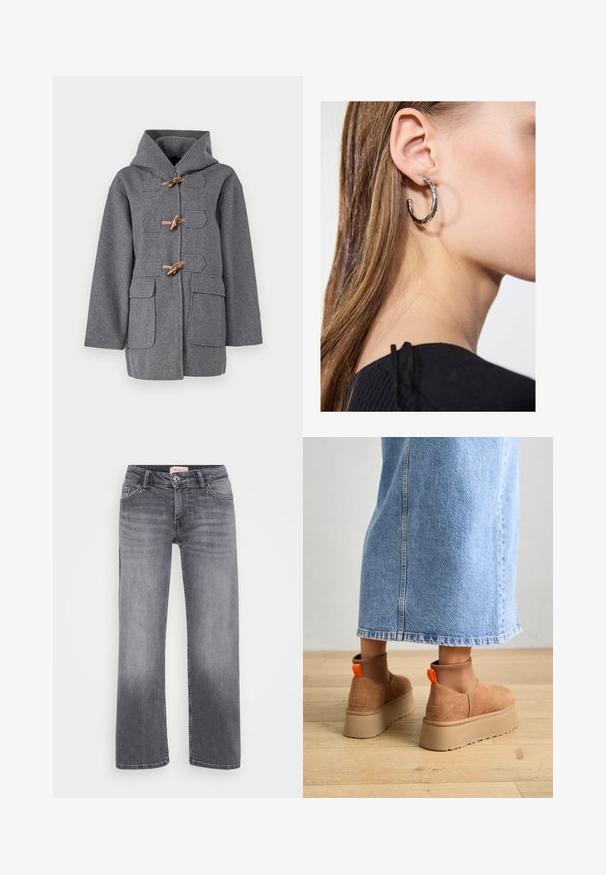 Cappotto grigio in lana con cappuccio, dotato di chiusura a toggle, due tasche frontali e taglio dritto. Texture liscia e design minimale.; Even&Odd Petite 2 PACK - Top - light grey/black; Jeans in denim grigio con design a gamba dritta, stile a cinque tasche, leggera sbiaditura e chiusura con bottone in vita.; Stivali platform in suede marrone con pannelli laterali elastici e linguette arancioni, abbinati a una gonna di jeans chiara, lunga fino al ginocchio, su un pavimento di legno.; Orecchino a cerchio in argento con finitura lucida, caratterizzato da piccoli dettagli in oro e una forma tondeggiante, indossato sul lobo.
