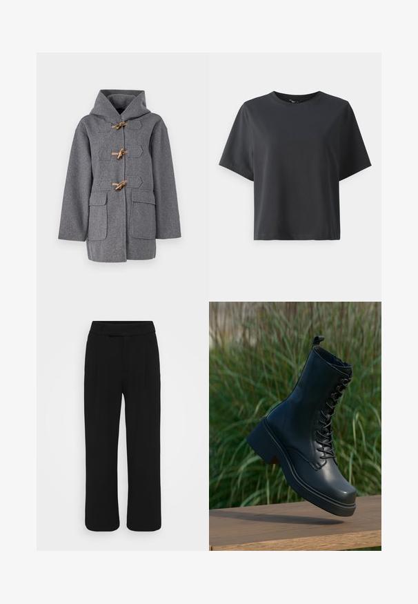 Grijze wollen jas met een capuchon, voorzien van togglesluiting, twee voorzakken en een rechte snit. Gladde textuur en minimalistisch ontwerp.; Zwarte katoenen t-shirt, korte mouwen, ronde hals, losse pasvorm, gladde textuur, eenvoudig ontwerp, geen patronen of accenten.; Zwarte wijde broek van een gladde stof, met een platte voorkant, riemlussen en geen zichtbare zakken. Strak, op maat gemaakt ontwerp.; Zwarte leren enkelboots met een ronde neus, vetersluiting aan de voorkant en een dikke, robuuste hak. Kenmerkt gedetailleerde stiksels en een gladde oppervlakte structuur.