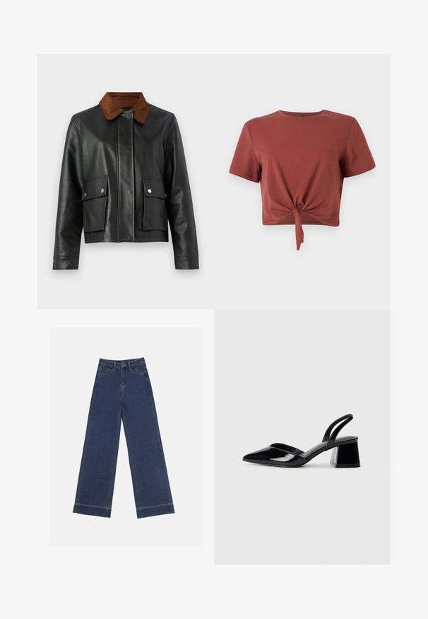 Schwarze Lederjacke mit braunem Cordkragen, vorderen Klapptaschen mit Druckknöpfen und verdecktem Verschluss.; Rostfarbiges, kurzes T-Shirt aus weicher Baumwolle mit kurzen Ärmeln und einem geknoteten Vorderteil. Sanfte Textur, runder Ausschnitt.; Weite Jeans in dunkelblauem Denim. Verfügt über fünf Taschen, Gürtelschlaufen und einen rohen Saum am unteren Ende mit sichtbaren Nahtdetails.; Schwarze Lackleder-Slingback-High Heels mit spitzem Schuh und einem geometrischen Blockabsatz. Verfügt über ein schlankes, minimalistisches Design und eine glatte Textur.