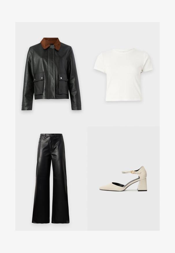 Veste en cuir noir avec col en velours côtelé marron, poches avant à rabat avec boutons-pression, et fermeture frontale dissimulée.; T-shirt blanc court en coton avec des manches courtes, un col rond et un ourlet droit, présentant une texture lisse et un design minimal.; Pantalons larges en faux cuir noire taille haute avec bouton avant, fermeture éclair, passants de ceinture et poches latérales sur fond blanc.; Chaussures à talons blocs en simili cuir beige avec un bout pointu, une bride autour de la cheville et des détails subtils en texture crocodile. Doublure intérieure noire.