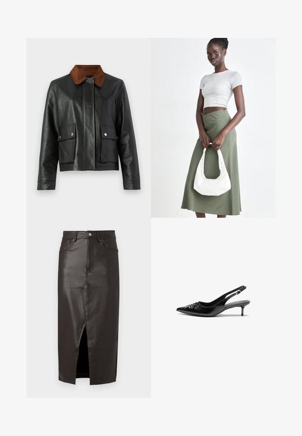 Svart skinnjakke med brun kordfløyelskrage, frontlommer med klaff og trykknapper, og skjult frontlukking.; Mørkebrune, langermede crew neck skjorter med slim fit vist mot en enkel hvit bakgrunn.; Brun skinn midi skjørt med en frontsplitt, fem-lommers design og metallknappåpning. Glatt tekstur og skreddersydd passform.; Sorte skinnert remsandaler med spiss tå, liten kittenhæl og en dekorativ knute detalj foran. Glatt tekstur gjennom hele.; Grå ribbet topp og olivengrønn høy midje skjørt. Modellen holder en hvit skulderveske med utskjæringsdetaljer. Enkelt design, tettsittende silhuett.