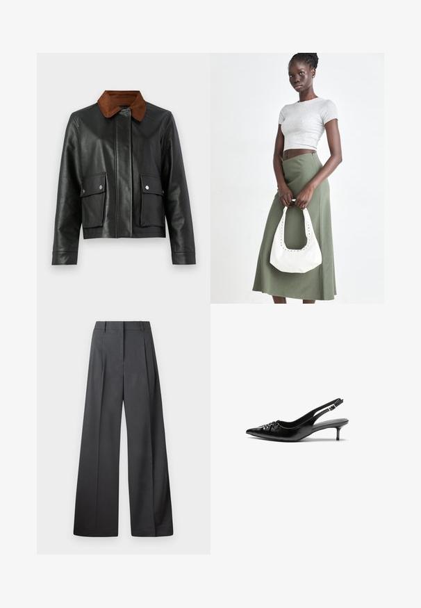Giacca in pelle nera con colletto in corduroy marrone, tasche anteriori con patta e bottoni a pressare, e chiusura frontale nascosta.; Maglietta a maniche lunghe color marrone scuro con collo a giro e vestibilità slim, mostrata su uno sfondo bianco semplice.; Pantaloni a gamba larga in tessuto grigio scuro, con vita alta, pieghe singole e una texture liscia con una finitura pulita sui orli.; Tacchi slingback in pelle nera con punta affusolata, piccolo tacco kitten e un dettaglio a nodo decorativo sulla parte anteriore. Texture liscia su tutta la superficie.; Top crop a coste grigio e gonna a vita alta verde oliva. Il modello tiene una borsa a spalla bianca con dettagli intagliati. Design semplice, silhouette aderente.