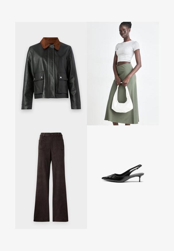 Jachetă din piele neagră cu guler din cOrdersir maro, buzunare frontale cu clapă și butoane tip snap, și închidere frontala ascunsă.; Cămașă lungă cu mâneci, de culoare maro închis, cu guler tip crew și o croială slim, expusă pe un fundal alb simplu.; Pantaloni largi maro, confecționați dintr-un material moale și texturat. Caracteristicile includ un sistem de închidere cu buton și două buzunare frontale.; Cizme slingback din piele neagră, cu vârf ascuțit, toc mic de tip kitten heel și un detaliu decorativ sub formă de nod în față. Textură netedă pe întreaga suprafață.; Crop top griș cu dungi și fustă verde măsliniu cu talie înaltă. Modelul ține o geantă albă de umăr cu detalii tăiate. Design simplu, siluetă ajustată.