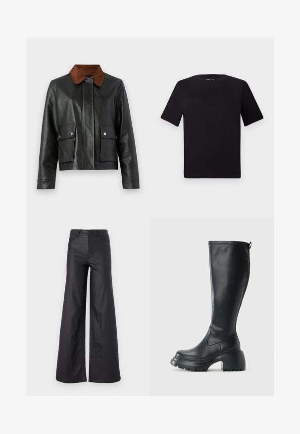 Čierna kožená bunda s hnedým jemným zamatom ako golier, predné vrecká s klopou a cvokmi, a skrytým zapínaním vpredu.; Čierne tričko s krátkym rukávom a okrúhlym výstrihom, vyrobené z mäkkej bavlny. Jednoduchý dizajn, bez viditeľných log alebo vzorov.; Čierne široké nohavice z materiálu imitujúceho kožu. Majú vysoký pás, pútka na opasok, dve predné vrecká a šité detaily.; Vysoká čierna kožená čižma s masívnou platformou a blokovým podpätkom, s praktickým pútkom a textúrovaným vzorom na podošve.
