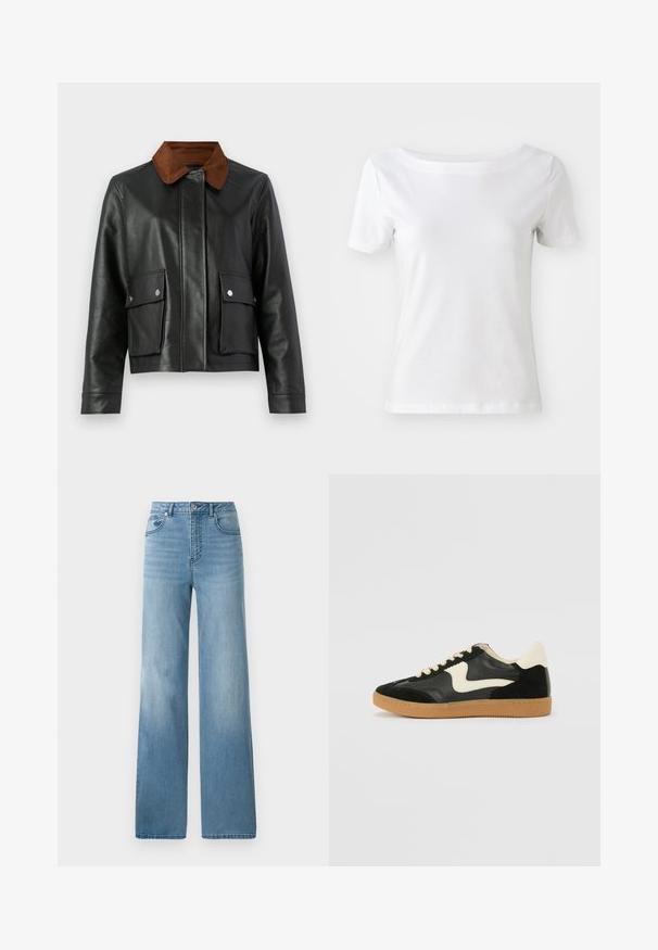 Zwarte leren jack met een bruine corduroy kraag, voorflapzakken met drukknopen en een verborgen sluiting aan de voorkant.; Witte korteblouse t-shirt van katoen met een bootnek en een gladde textuur. Eenvoudig en onopvallend ontwerp.; Lichtblauwe high-waisted jeans met een rechte pasvorm. Gemaakt van denim, met vijf zakken en een knoopsluiting.; Zwarte suède en leren sneaker met een crèmekleurige zij-swoosh en lichte crèmekleurige hiel. Voorzien van beige veters en een gumrubberen zool.
