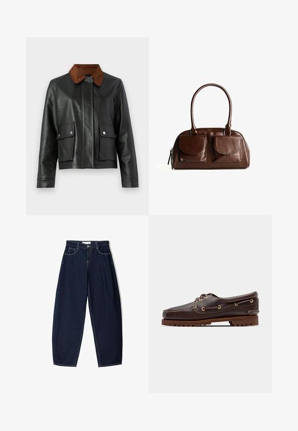 Černá kožená bunda s hnědým kordovým límcem, přední klopové kapsy s patentními knoflíky a skrytým zapínáním vpředu.; Jednoduché bílé tričko s krátkým rukávem a kulatým výstřihem, slim fit, vystavené rovně na bílém pozadí.; Tmavě modré džíny s volným střihem, které mají pět kapes, kontrastní švy a přední zip.; Hnědé kožené lodní boty se zlatými očky, kulatými tkaničkami a texturovanou hnědou gumovou podrážkou. Obsahují zašitý detail a vyvýšené logo.; Hnědá kožená kabelka se dvěma předními klopovými kapsami, zaoblenými uchy a zipem po straně na bílém pozadí.