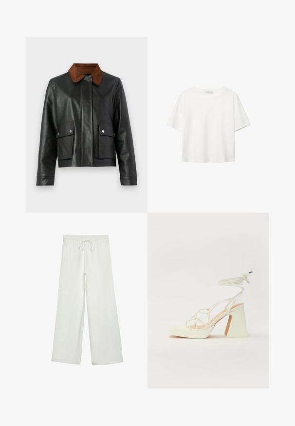 Sort læderjakke med brun kordfløjlskrave, forsiden med klaplommer og trykknapper samt skjult lukning foran.; Hvid kortærmet t-shirt lavet af bomuld. Har en rund halsudskæring og en afslappet pasform. Glat tekstur uden synlige mønstre eller detaljer.; Hvide bukser med bred ejer lavet af blødt stof. Har en elastisk talje med snor og en glat tekstur. Ingen synlige mønstre eller hardware.; Hvide højhælede sandaler med en kraftig hæl, der har et stropdesign og ankelbinding. Glat tekstur med en platform foran for ekstra højde.