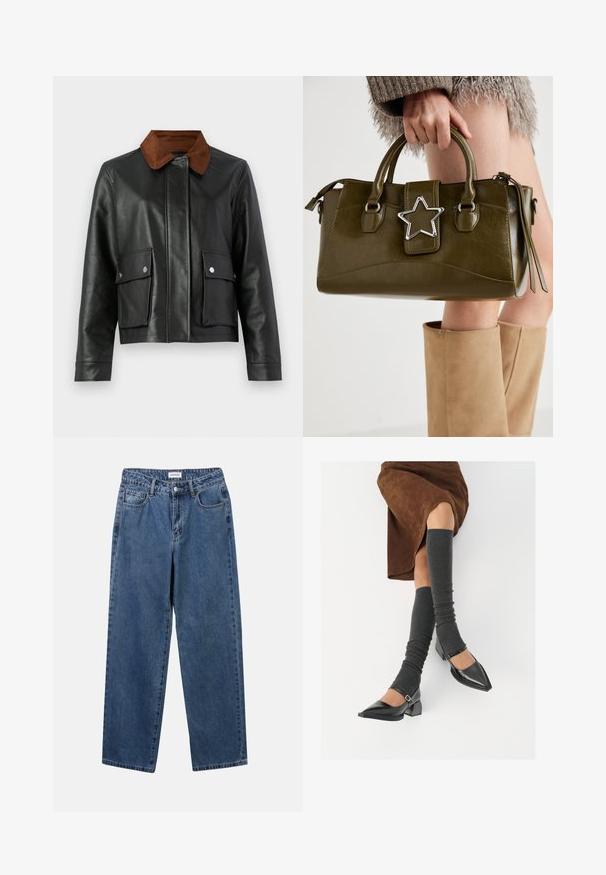 Musta nahkatakki ruskealla corduroy-kauluksella, etupuolella läppäpussit napinwaldilla ja piilotettu etulukitus.; YAS YASMILLE - Pikeepaita - black/star white; Classiset siniset farkut suoran lahkeen muotoilulla, viidellä taskulla ja napillakaan. Ominaisuudet: keskivahva pesu ja kestävä rakenne.; Musta lakattu nahkakengät teräväkärkisillä, leveällä kantapäällä ja nilkkahihnalla, yhdistettynä harmaisiin ribattuihin säärystimiin ja ruskeaan mokkasiinimekkoon.; Vihreä oliivinvärinen mokkanahkainen käsilaukku, jossa on hopeinen tähti koristeena, kaksinkertaiset kahvat ja vetoketjusulku. Teksturoitu pinta ja rakenteellinen muoto.