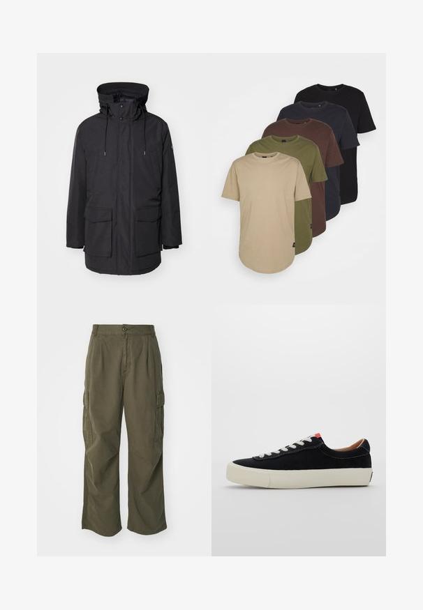 Crna izolirana parka jakna s visokim ovratnikom, kapuljačom s podešavanjem, dvije prednje džepove i zatvaranjem na zip. Glatka, mat završnica.; Pet majica raspoređenih u gradijentnim bojama: bež, maslinasta, smeđa, tamnoplava i crna. Izrađene od mekog pamuka, kratkih rukava i okruglog izreza.; Cargo hlače u maslinasto zelenoj boji, izrađene od pamuka, s širokim krojem, nabranim detaljima i bočnim džepovima za praktičnost.; Crne platnene tenisice s bijelim vezicama, bež guma sole i crvenim akcentom na peti. Zaobljen vrh i minimalni detalj šivanja.