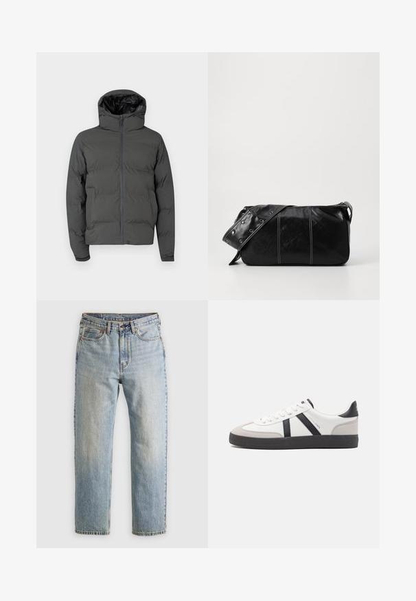 Graue Daunenjacke mit Kapuze, ausgestattet mit einem frontalen Reißverschluss und gestepptem Muster. Glattes Außenmaterial mit kontrastierendem, glänzendem Innenfutter.; Beige, gestrickter Pullover mit hohem, geripptem Rollkragen. Er verfügt über ein strukturiertes Zopfmuster sowie gerippte Bündchen und Saum, was ein gemütliches Erscheinungsbild bietet.; Helle blaue Jeans mit hoher Taille, Frontknopf, Reißverschluss und fünf Taschen-Design, flach auf einem neutralen Hintergrund ausgelegt.; Weiße Sneaker mit schwarz- und grau-aczenten, ausgestattet mit einer strukturierten grauen Zehenkappe, schwarzer Gummi-Sohle und flachen weißen Schnürsenkeln. Sauberes Design, minimalistische Stil.; Schwarze Leder Schultertasche mit Reißverschluss, ausgestattet mit einer strukturierten Oberfläche, weißen Nähten und einem Tragegurt mit silbernen Ösen.