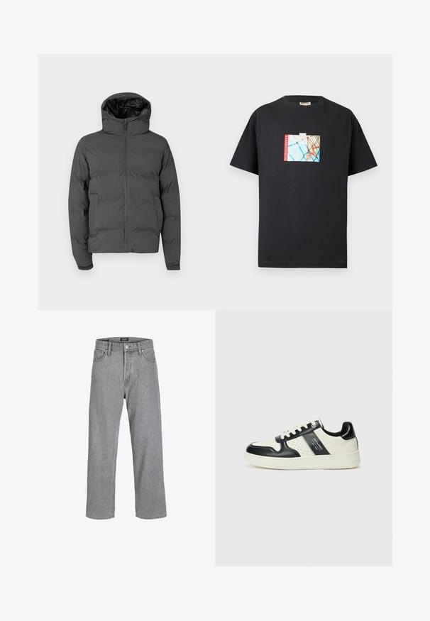 Hallhalli halljakas kapuutsiga, millel on ees lukk ja tikandimuster. Sile välimine materjal kontrastse läikiva voodriga.; Must musta T-särk, millel on graafiline prinditud korvpallivõrgustik sinisel taustal, kus on punased "parkwayCOURTS" teksti aktsendid.; Hallid denim püksid, millel on mugav ja avar lõige. sisaldab traditsioonilist viie tasku disaini ja nööpiga sulgemist vöökoha juures.; Nahatud nahkkingad musta ja kreemi värviskeemiga, millel on perforeeritud aktsendid, pehme krae ja tekstureeritud tallad.