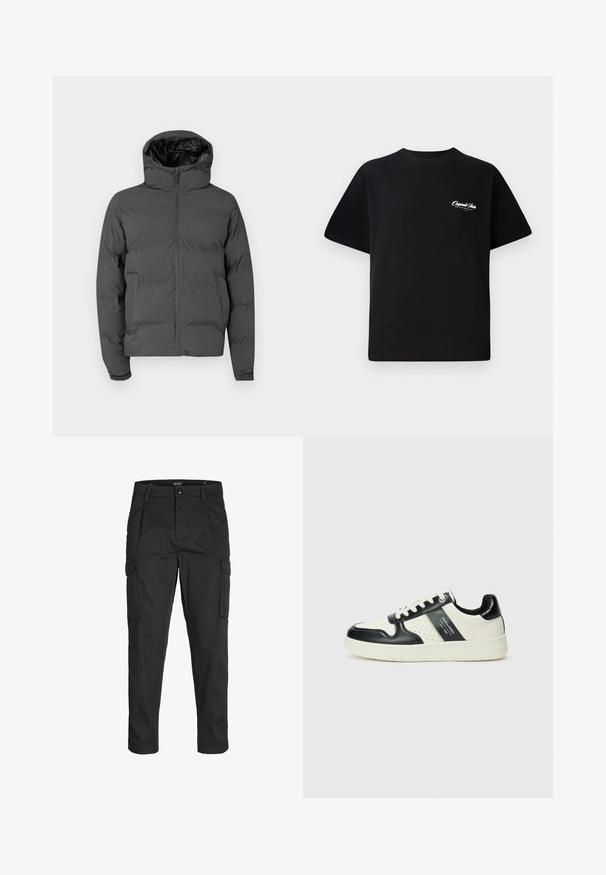Grijze pufferjack met een capuchon, voorzien van een rits aan de voorkant en een geborduurd patroon. Glad buitenmateriaal met een contrasterende glanzende binnenkant.; Zwarte katoenen t-shirt met een ronde hals, korte mouwen en kleine witte logo-tekst op de linkerkant van de borst. Eenvoudig ontwerp, klassieke pasvorm.; Zwarte cargobroek van stevig stof, met meerdere zakken, een knoopsluiting en een slim fit ontwerp met taps toelopende benen.; Leren sneakers met een zwart en crèmekleurig kleurenschema, voorzien van geperforeerde accenten, een gevoerde kraag en een gestructureerde buitenzool.