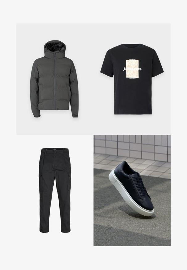 Gray puffer jacket with a hood, featuring a front zipper and quilted pattern. Smooth exterior material with a contrasting shiny interior.; Black cotton t-shirt with round neck. Features a beige rectangular graphic and white text, "JAWO," centered on the front. Short sleeves.; Black cargo pants made of sturdy fabric, featuring multiple pockets, a button closure, and a slim fit design with tapered legs.; Black leather sneaker with rounded toe and white rubber sole. Features flat laces and minimal stitching on the upper. Textured sole for grip.