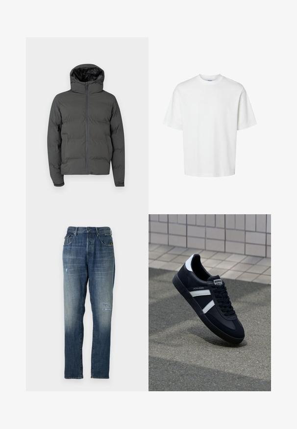 Doudoune grise avec capuche, dotée d'une fermeture éclair à l'avant et d'un motif matelassé. Tissu extérieur lisse avec un intérieur brillant contrasté.; T-shirt en coton blanc à manches courtes, col rond et coupe décontractée. Texture lisse sans motifs ou accents visibles.; Jeans en denim présentant une couleur bleue délavée, un design à jambe droite, un léger effet usé à l'avant et un style classique à cinq poches.; Sneaker en cuir noir avec des rayures blanches, semelle en caoutchouc texturée et devant à lacets. Présente une étiquette de marque sur la languette.