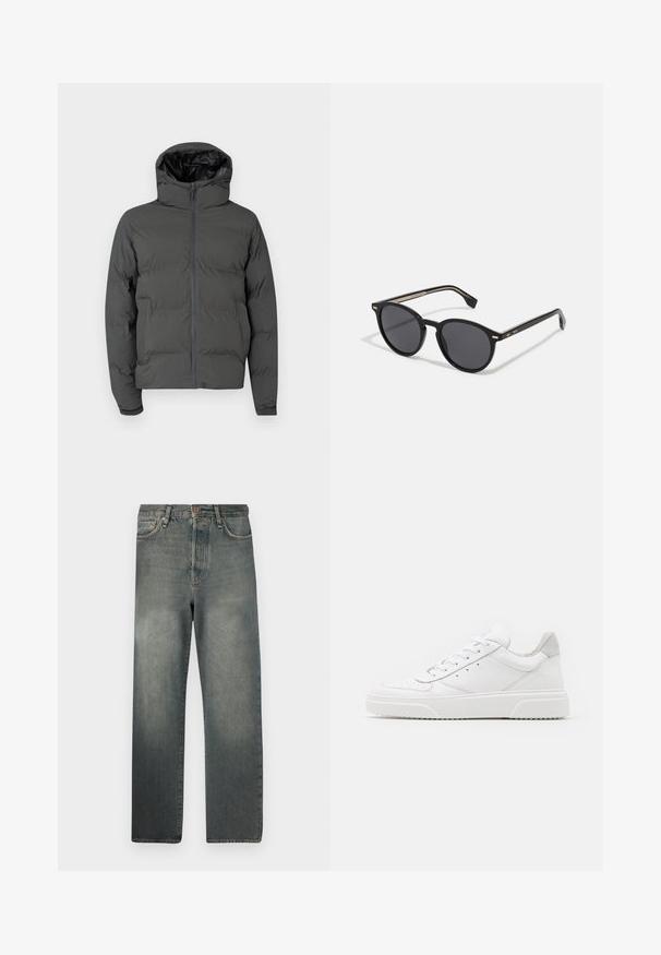Chaqueta de plumas gris con capucha, que cuenta con un cierre frontal y un patrón acolchado. Material exterior suave con un interior brillante en contraste.; Camiseta de algodón blanca con mangas cortas, cuello redondo y un texto gráfico rojo que dice "FRUTA DELICIOSA Y REFRESCANTE" en la parte frontal.; Jack & Jones JJIALEX JJCOOPER - Vaqueros baggy - black denim; Zapatillas de cuero blanca con un acabado suave, punta redondeada, cordones planos y una suela texturada. Acento de ante gris en el talón.; BOSS Gafas de sol - black