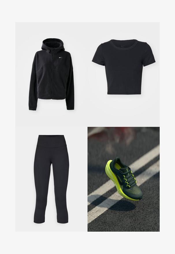 Mustan fleece-takkia, jossa on huppu, vetoketjusuljenta ja brodeerattu valkoinen Nike-logo vasemmassa rinnassa. Takki on lyhennetty muotoilu.; Mustat lyhythihaiset t-paita, joka on valmistettu pehmeästä ja joustavasta kankaasta. Ominaisuuksiin kuuluu pyöreä pääntie ja yksinkertainen muotoilu.; Musta lyhyet legginsit joustavasta kankaasta, joissa on korkea vyötärö ja sileä pinta, ilman näkyviä kuvioita tai metalliosia.; Tummanvihreä ja neonkeltaisen Nike-juoksukengän puoliväli ilmaan asfalttiin valkoisten kaistaleimausten ylle, potkaisten pieniä maapölyhiutaleita.