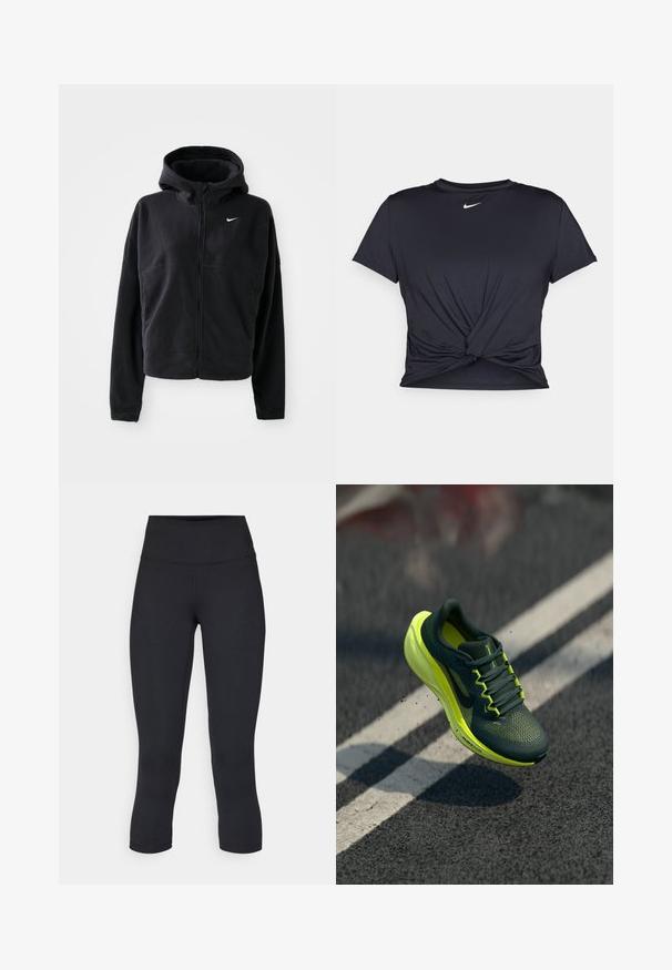 Casaco de fleece preto com capucho, fecho éclair à frente e logótipo da Nike bordado em branco no peito esquerdo. Apresenta um silhueta cropped.; T-shirt atlético preto feito de tecido liso, apresentando um design frontal com nó e um pequeno logótipo branco da Nike no peito.; Leggings pretos cropped feitos de tecido elástico, apresentando uma cintura alta e uma textura suave, sem padrões ou acessórios visíveis.; Tênis de corrida Nike em verde-escuro e amarelo-neon no ar acima de asfalto com marcas de faixa brancas, levantando pequenas partículas de terra.