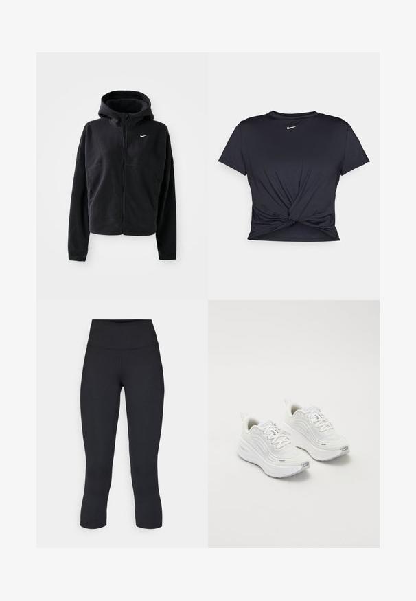 Chaqueta de forro polar negra con capucha, cierre de cremallera en la parte frontal y logo de Nike bordado en blanco en el pecho izquierdo. Presenta una silueta corta.; Camiseta atlética negra hecha de tela suave, con un diseño de nudo en la parte delantera y un pequeño logo blanco de Nike en el pecho.; Leggings negros cortos hechos de tela elástica, con una cintura alta y una textura suave, sin patrones o herrajes visibles.; Zapatillas deportivas blancas con parte superior de malla texturizada, suela acolchada y sutiles acentos grises. Incluye un logotipo y una pestaña en el talón para facilitar su uso.