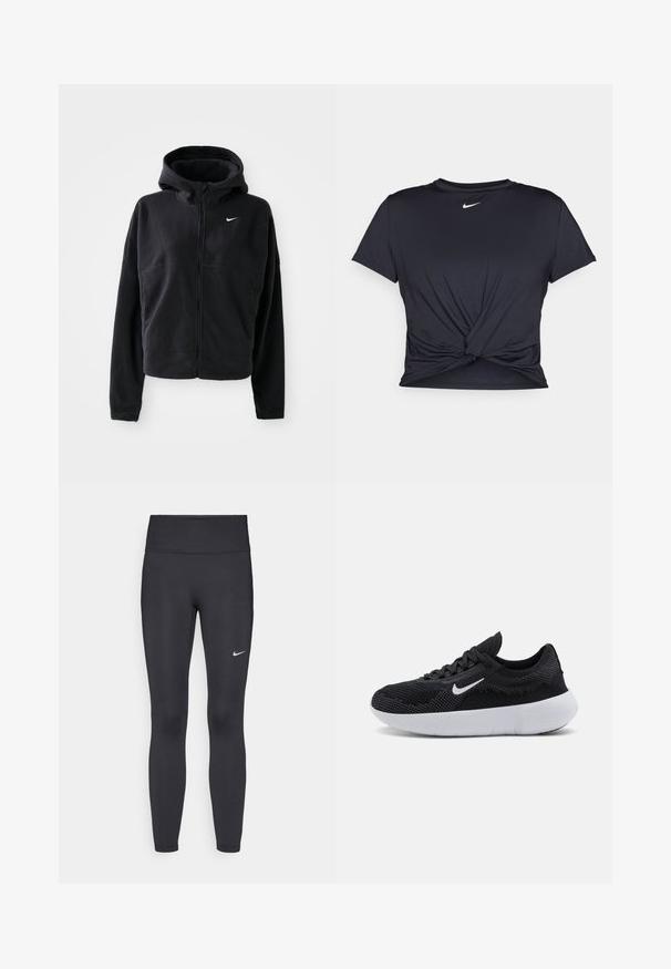 Black fleece jacket with a hood, zip front, and embroidered white Nike logo on the left chest. Features a cropped silhouette.; Black athletic t-shirt made of smooth fabric, featuring a knotted front design and a small white Nike logo on the chest.; Black leggings made of stretchy fabric, featuring a high waistband and a white Nike logo on the left thigh. Smooth texture, form-fitting design.; Black athletic shoe with a mesh upper, textured design, round toe, white rubber sole, and a Nike logo on the side.